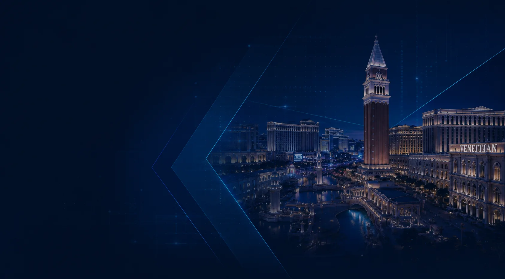 The Venetian in Las Vegas at night, over an angular navy field