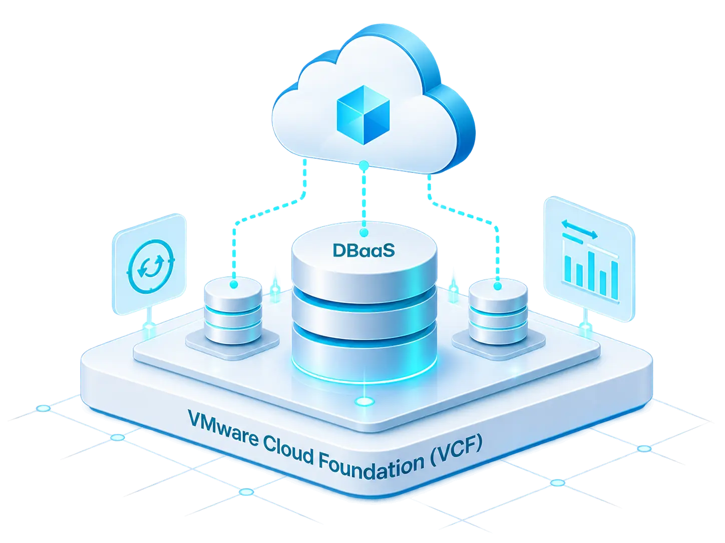 Database instances running as DBaaS on a VMware Cloud Foundation platform, connected up to a cloud and flanked by replication and analytics panels